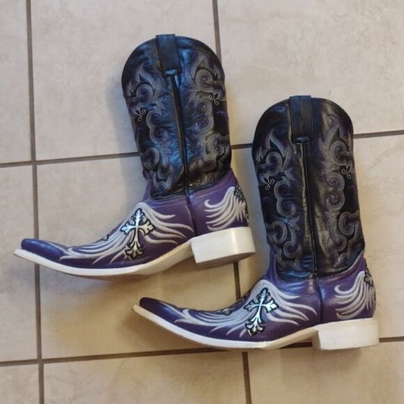 Aguila Real Botas Vaquera Boot leather Point toe western silver cross purple - Picture 9 of 16